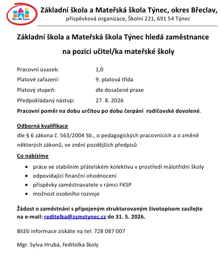 Nabídka zaměstníní učitelka MŠ